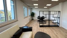 Empty office with wooden floor, white walls, large windows, a couch, a desk, and a potted plant.