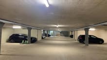 Empty parking garage with ceiling lights and pillars.