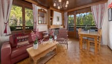 wooden floor, wooden furniture, sofa, pillows, wooden table, chairs, dining table, chandelier, wooden cabinet, window, fireplace