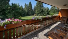 Wooden deck with railing, surrounded by lush greenery and flowers. Scenic view of the forest and open grassy area.