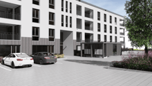 Modern apartment building, with multiple floors, two cars parked in front