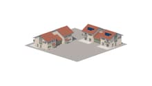 Two houses, each with a garage, red roofs, solar panels on the roof