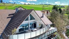 Modern house, large windows, balconies, green surroundings
