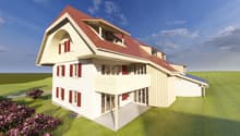 2 story house, white exterior, red roof, red shutters, balcony, solar panels