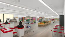 modern retail store, wooden floor, modern lighting fixtures, modern shelves, modern checkout counters, shopping trolleys, red chairs, checkout stations, fruit and vegetable section