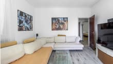 L-shaped sofa, glass coffee table, two paintings on the wall, TV, remote control on the table, white curtains