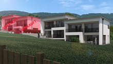 House: 2 story house, red brick, white windows, garage, garden, pool