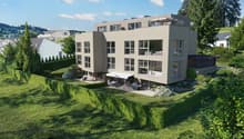 3 story residential building with 2 balconies, canopy, open terrace, garden, and outdoor furniture.