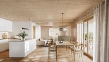 kitchen with island, dining table, chairs, living area with sofa, large windows