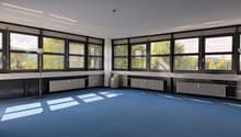 empty room, blue carpet, large windows, two floor lamps, grey radiators