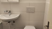 Bathroom with white sink, white toilet, white tiles, white cabinet, silver faucet, silver flush button