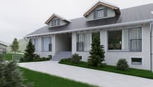 House: gray roof, glass windows, paved driveway, shrubs, front porch
