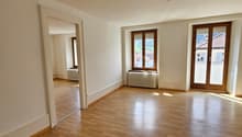 empty room, wooden floor, white walls, two windows, sliding doors, radiator