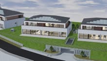 Modern 4 residential houses with solar panels, on raised ground, balcony, driveway, garden