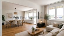 Offenes Wohn- und Esszimmer mit Balkonzugang und Panoramafenstern