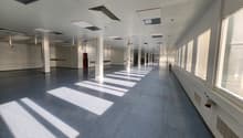 spacious room, white walls, high ceilings, gray flooring, large windows on one side, multiple red fire extinguishers