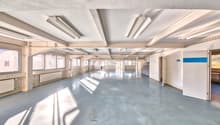 large open space, white walls and ceiling, windows, overhead lighting, radiators, clean