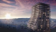 High rise building with modern architecture, many balconies, urban landscape in the background