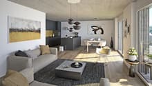 contemporary style, gray couch, coffee table, carpet, floor to ceiling windows, wooden floor, open kitchen, dining table, kitchen island, hanging lamps