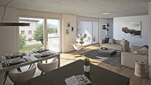 large window, balcony, glass door, sofa, dining table, coffee table, fireplace, rug, books