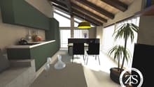 kitchen, dining area, living area