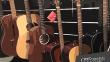Illustration of several guitars with a price tag in the middle