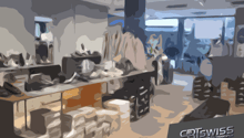 Clothing store interior with shelves of clothes, display table, and natural light