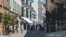 Busy urban street with shops, pedestrians, tall buildings, trees, awnings, and shadows