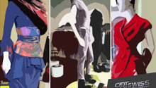 Illustration of fashion clothing and mannequins in a store environment.