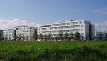 2 story office building, white, with many windows, trees, cars parked in the parking lot in front.