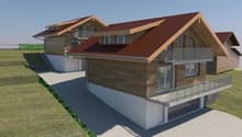 2 story wooden house with red tile roof, balconies, and a raised ground floor