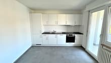white cupboards, black countertops, integrated dishwasher, built-in oven, sink, sliding door, large glass door, radiator