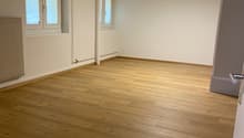 empty room, wooden floor, white walls, two windows, ceiling light, radiator