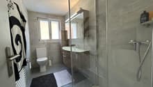 Bathroom with a toilet, sink, shower, and a window