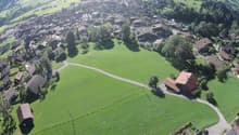a vast green field with trees, houses with brown roofs and a paved road running through the village