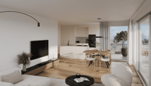 wooden floor, balcony, white and beige furniture, dining table and chairs, TV, round coffee table, curtains, modern design