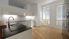 modern kitchen, granite countertop, stainless steel sink, white cabinets, wooden floors, large windows, balcony