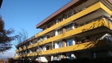 Multi-story building, yellow exterior, multiple balconies, brown roof, glass windows