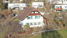 White house with brown roof, green shutters, surrounded by trees, elevated on the slope, garden