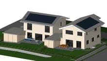 2 story house with solar panels, 2 balconies, garage, outdoor seating, green lawn