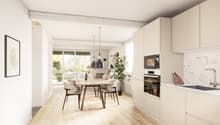 Dining room, kitchen, large windows, wooden floor, modern furniture, kitchen appliances