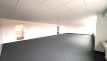 Empty room, white walls, gray floor, two doors, square tiles on ceiling