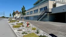 Modern apartment building with garage entrance, stairs, parking area, fire hydrant, plants, and curbs.