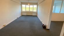 spacious room, carpeted floor, large windows, white walls, 2 wall sockets, ceiling light