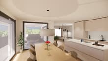 dining area, wooden table, chairs, large windows, sliding glass door