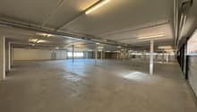 empty large space, industrial setting, white walls, exposed beams, windows, pipes