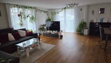 Living room with wooden floor, large windows, couch, coffee table, TV, plants, rug, piano, dining table, chairs