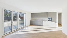 wooden floor, large windows, balcony, sliding glass doors, modern kitchen, white walls