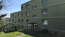 Apartment building, green exterior, multiple windows, entrance with canopy, small garden in front