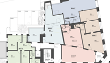 Five separate buildings labeled as Buro 1, Buro 2, Buro 3, Buro 4, and Buro 5, with varying floor areas ranging from approximately 19.68 square meters to 66.87 square meters. Several marked parking spaces around the perimeter of the plan.